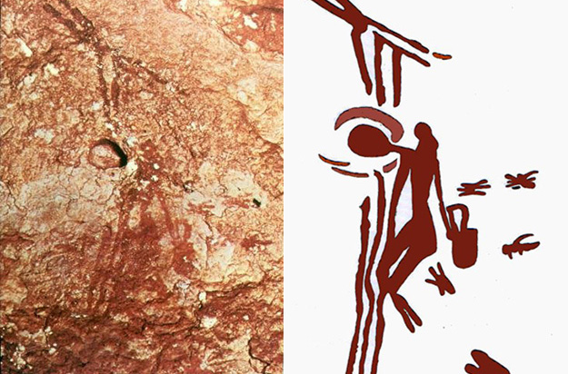 Peinture rupestre illustrant la cueillette du miel (grotte de l'Araignée)